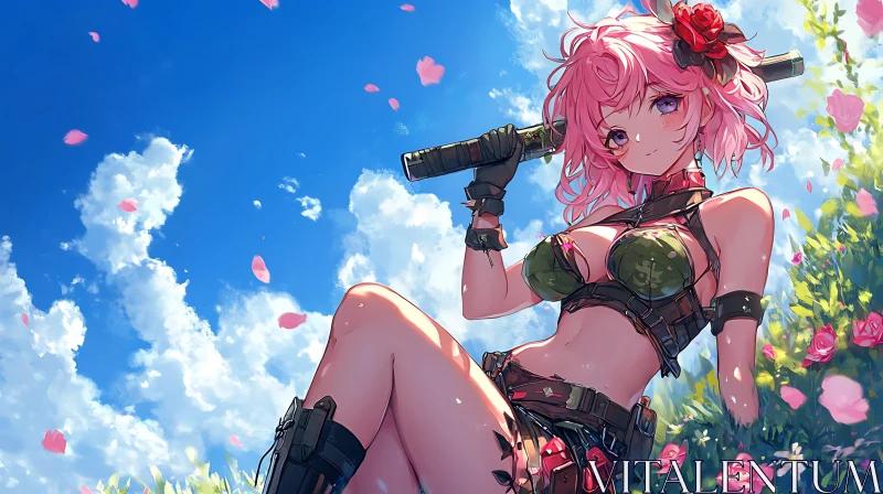 AI ART Sword-Wielding Anime Character in Rose Garden