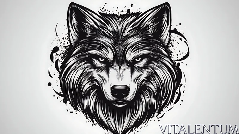 AI ART Monochrome Wolf Head with Ink Splatter