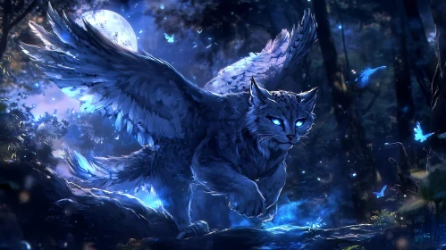 Mystical Feline with Wings in Blue Forest