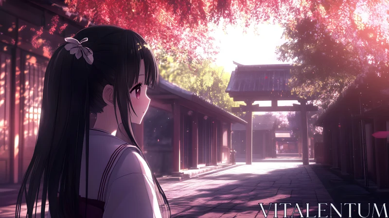 Peaceful Anime Girl at Temple in Autumn Light AI Image