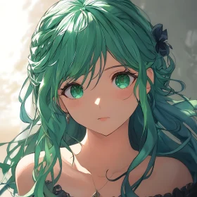 Anime Girl with Green Hair and Expressive Eyes