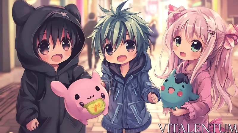 Cute Anime Kids Holding Plushies in a Street Setting AI Image