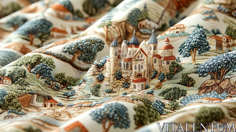 Whimsical Castle on Fabric Textile AI Image