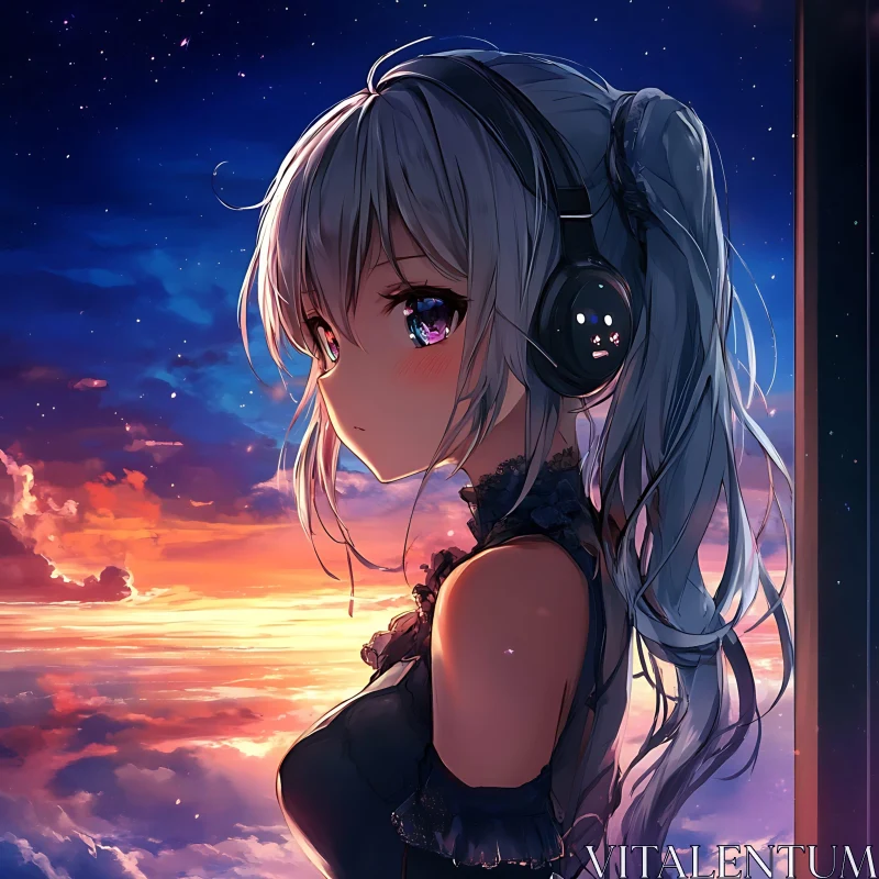 Sunset Anime Girl with Headphones AI Image