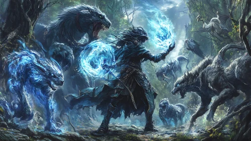 Mystical Sorcerer with Wolf Guardians