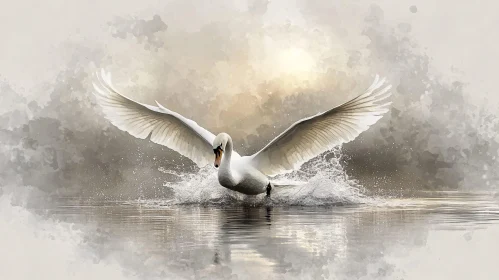 Majestic Swan with Wings Spread over a Calm Lake