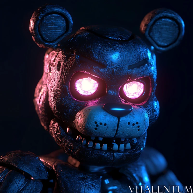 AI ART Mechanical Bear with Illuminated Eyes in Dark