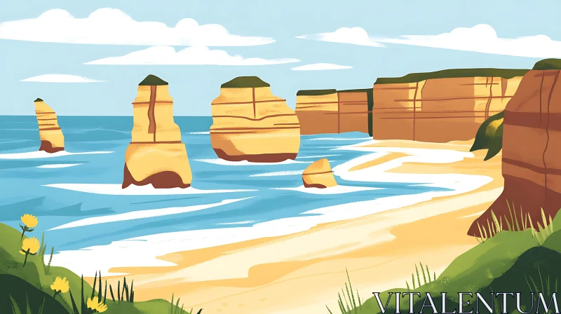 AI ART Tranquil Seascape with Cliffs and Beach