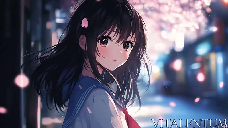 Anime Girl with Sakura Blossoms in the Evening AI Image