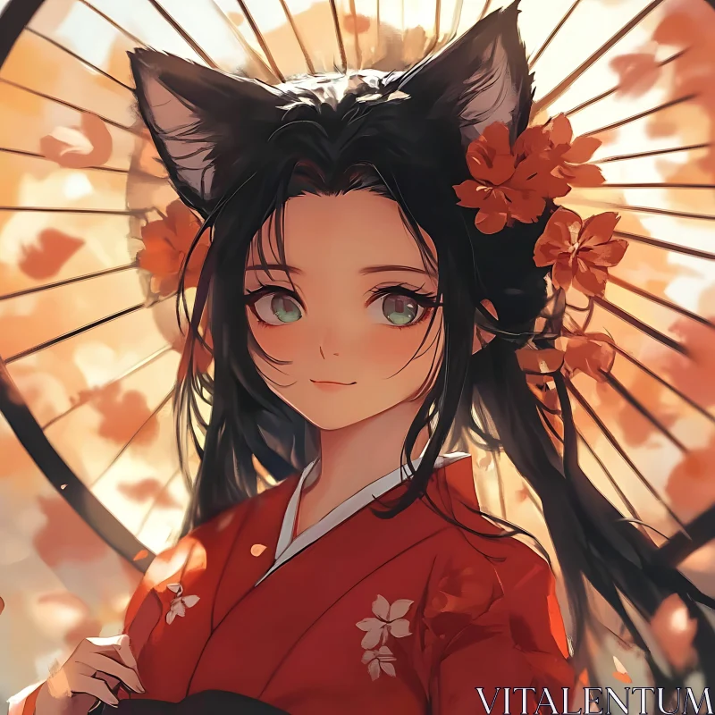 Autumnal Anime Girl with Fox Ears and Kimono AI Image