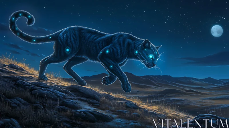 Glowing Feline Under Moonlight AI Image