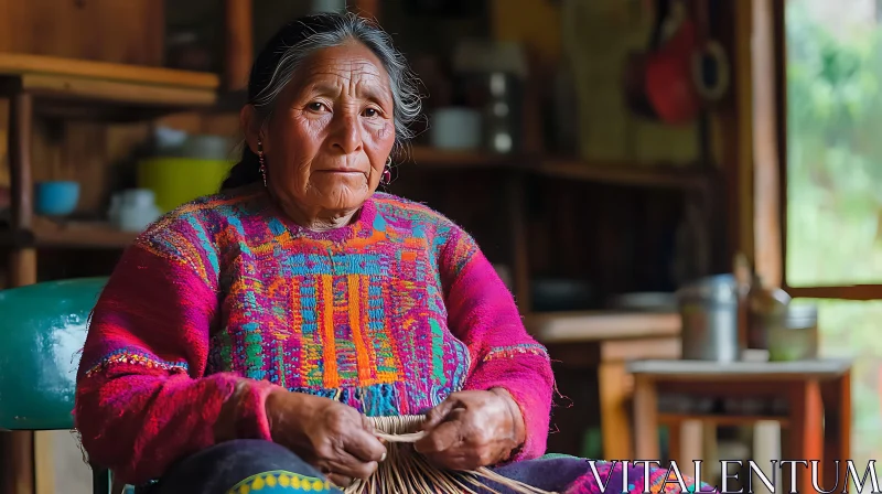 Elderly Woman Weaving Colorful Textile AI Image