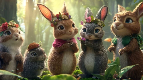 Whimsical Bunnies Gathering in the Forest