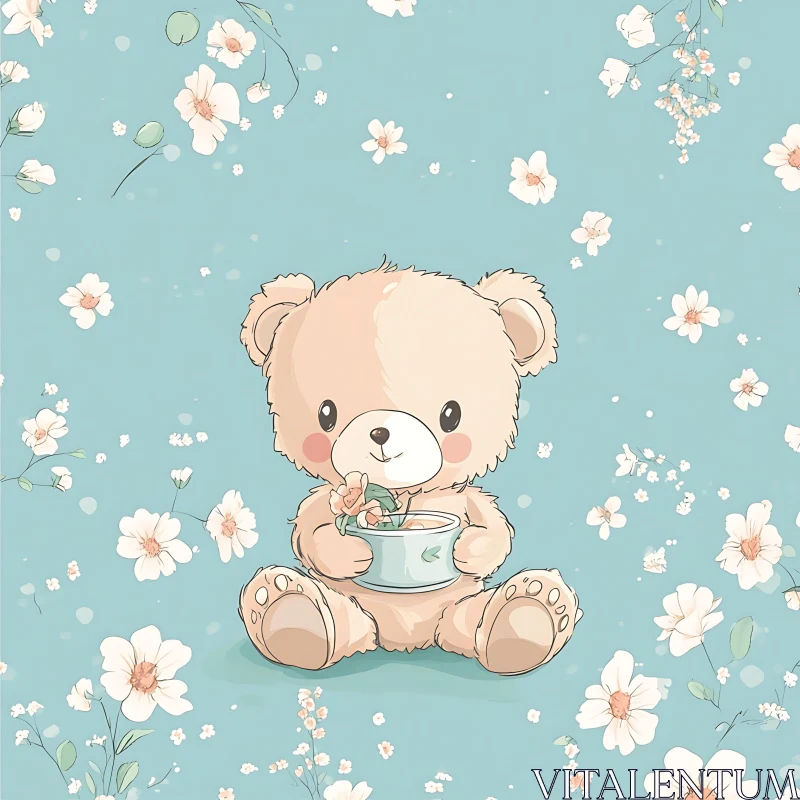 Adorable Teddy Bear with Flowers Digital Art AI Image