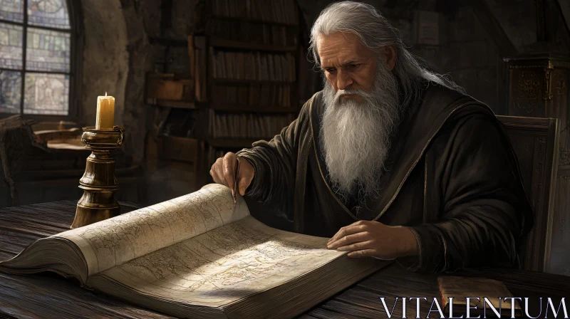 Old Wizard Reads Map AI Image