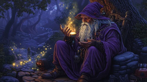 Old Wizard Casting Spell in Woods