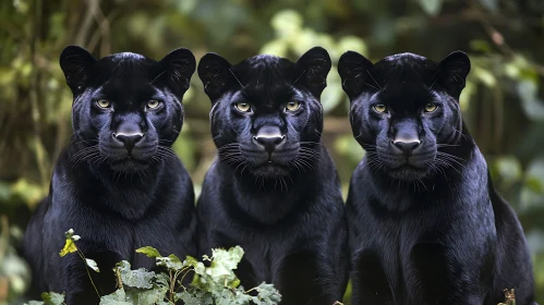 Triple Panthers in Greenery