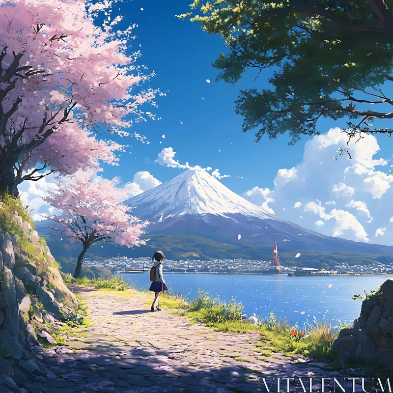 Serene Pathway by the Lake with Majestic Mountain AI Image