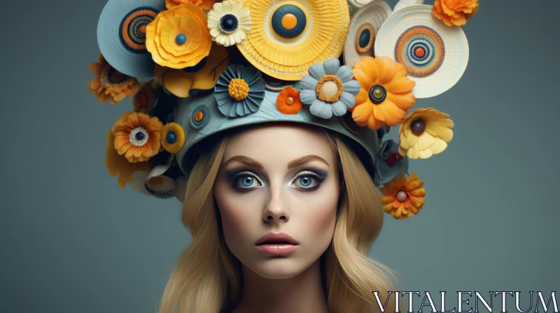 Captivating Portrait of a Young Woman with a Colorful Flower Hat AI Image