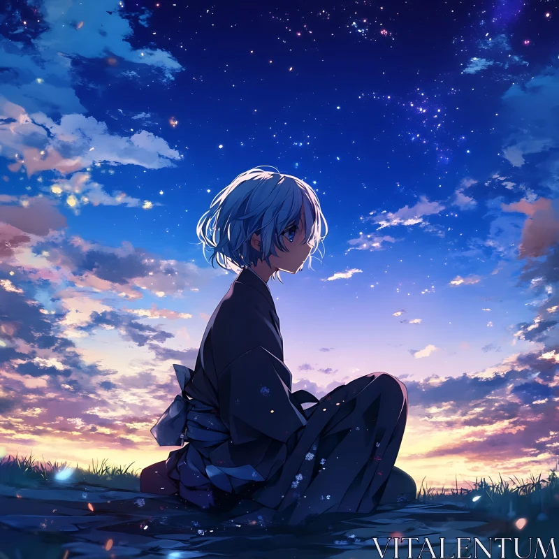 Serenity in Anime: Star-Lit Evening AI Image