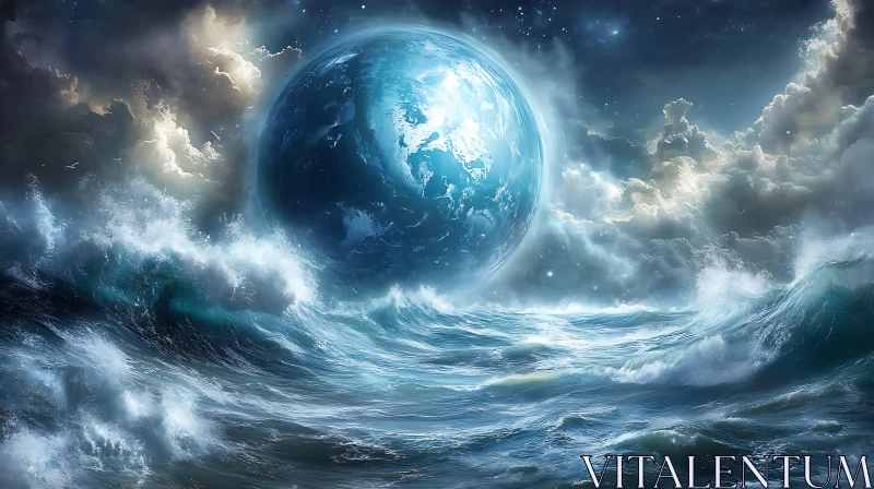 Ocean Planet Stormy Night AI Image