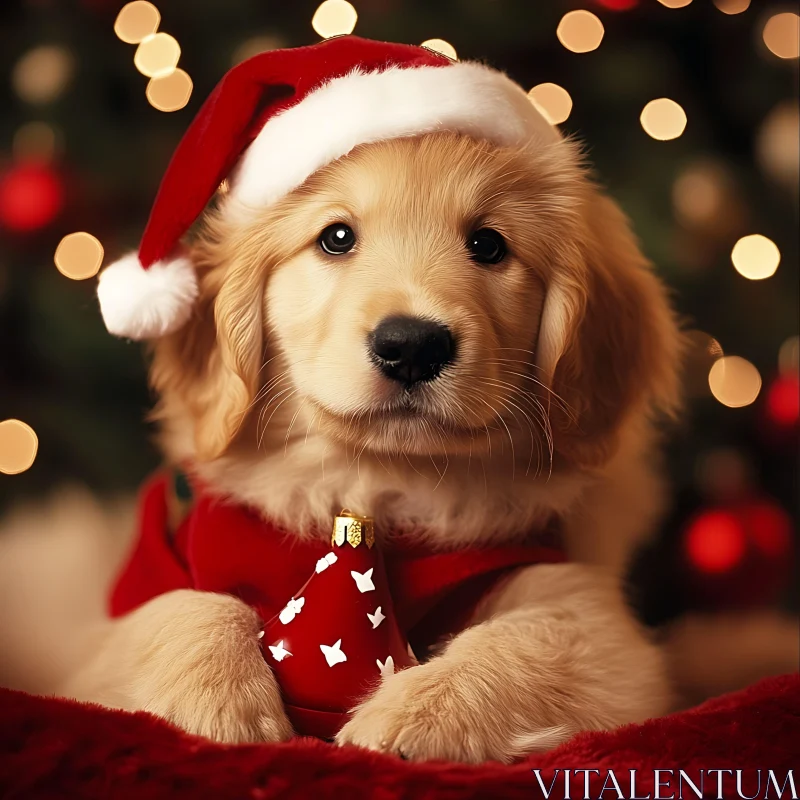 Cute Christmas Puppy with Santa Hat and Ornament AI Image