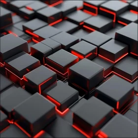 3D Geometric Black Cubes with Red Neon Light