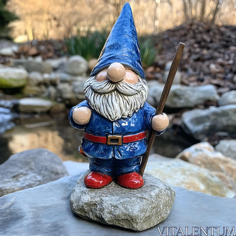 AI ART Blue Gnome with Walking Stick Ornament