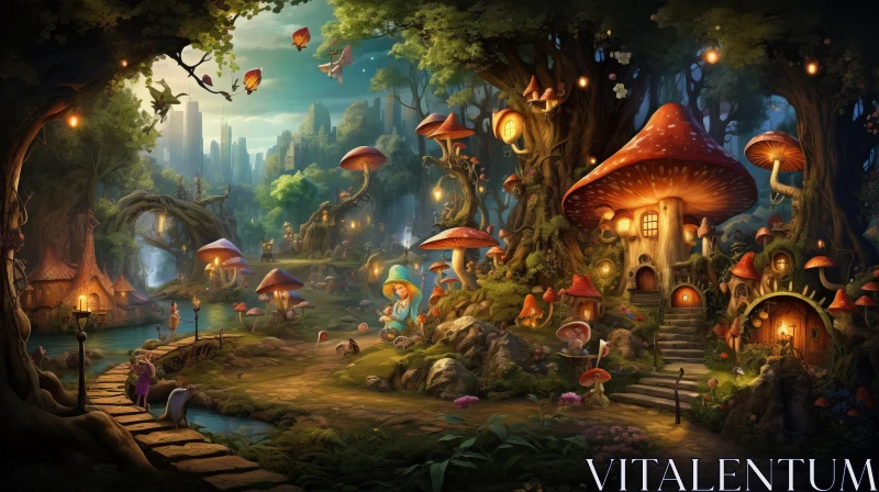 Fantasy Forest with Mushroom Houses: A Villagecore Caricature AI Image