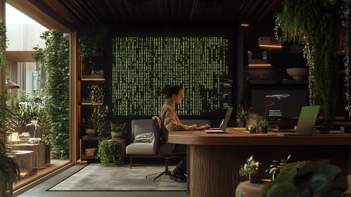 Woman Coding in Green Home Office