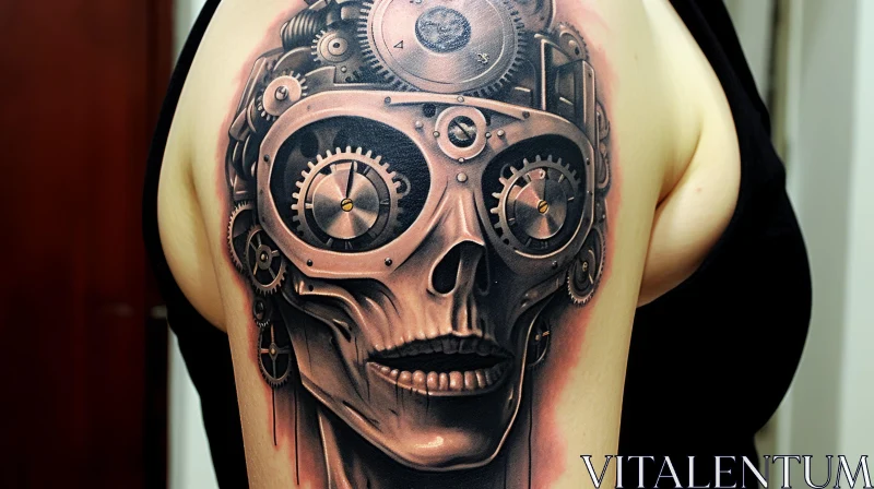 AI ART Futuristic Victorian Style Skull and Gears Tattoo Design