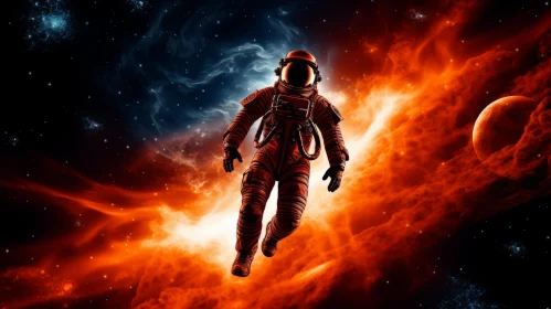 Galaxy Explorer: Astronaut in Orange Spacesuit Amidst Nebula