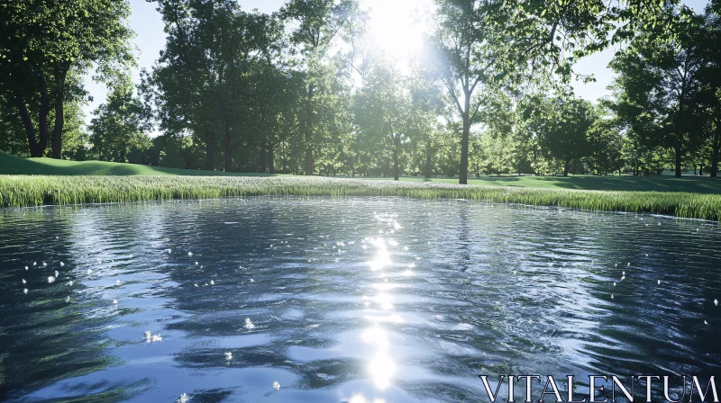 Peaceful Lakeside with Sunlit Water and Green Trees AI Image