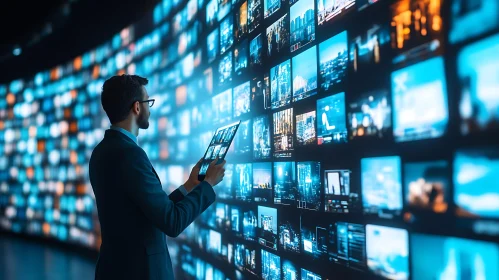 Man with Tablet Before Screen Wall