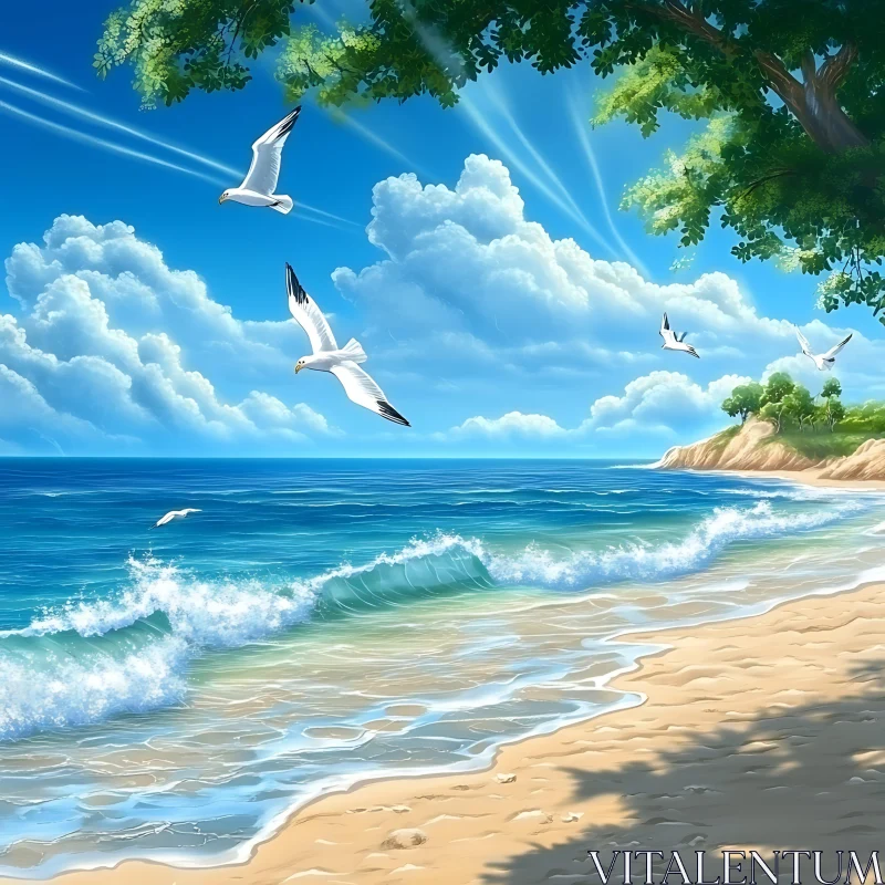 Coastal Scene with Seagulls AI Image