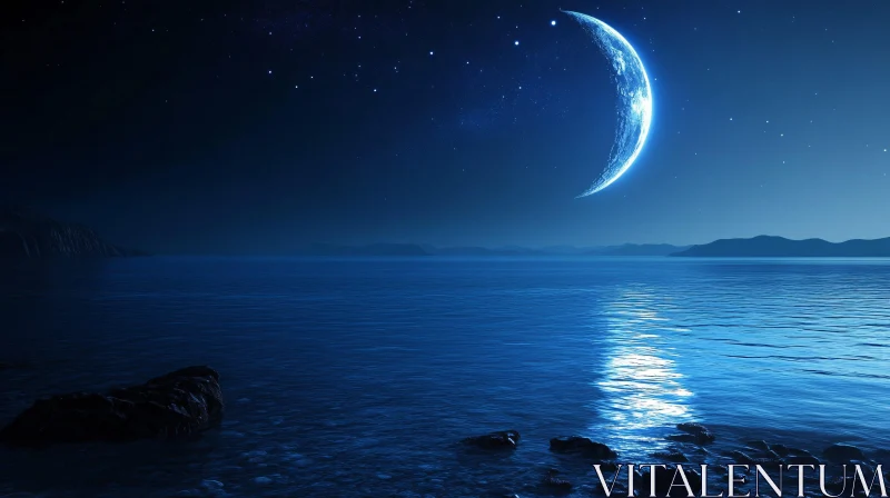 Moonlit Night Over Calm Waters AI Image