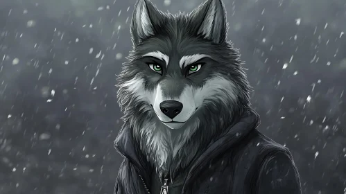 Anthropomorphic Wolf Portrait in Snow