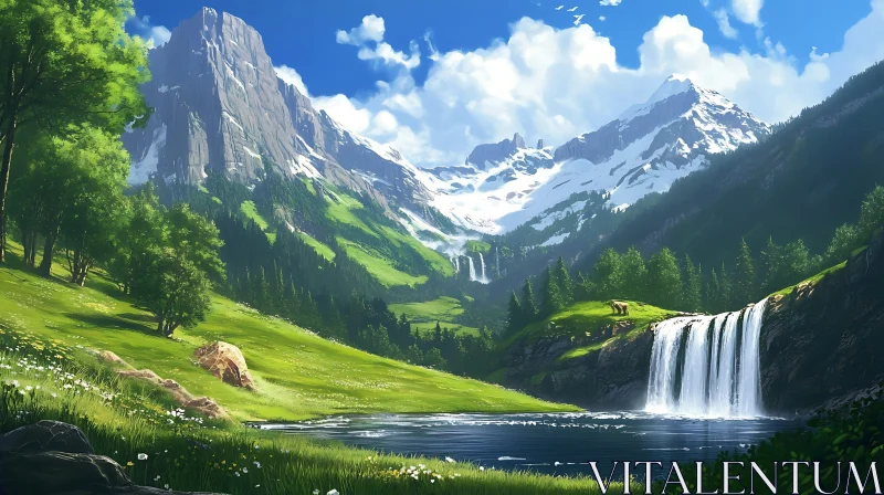 AI ART Scenic Mountain Waterfall Landscape