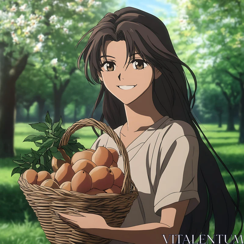 Smiling Anime Girl with Peaches in Blooming Orchard AI Image