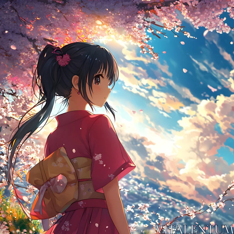 Anime Girl in Traditional Attire Under Sakura AI Image