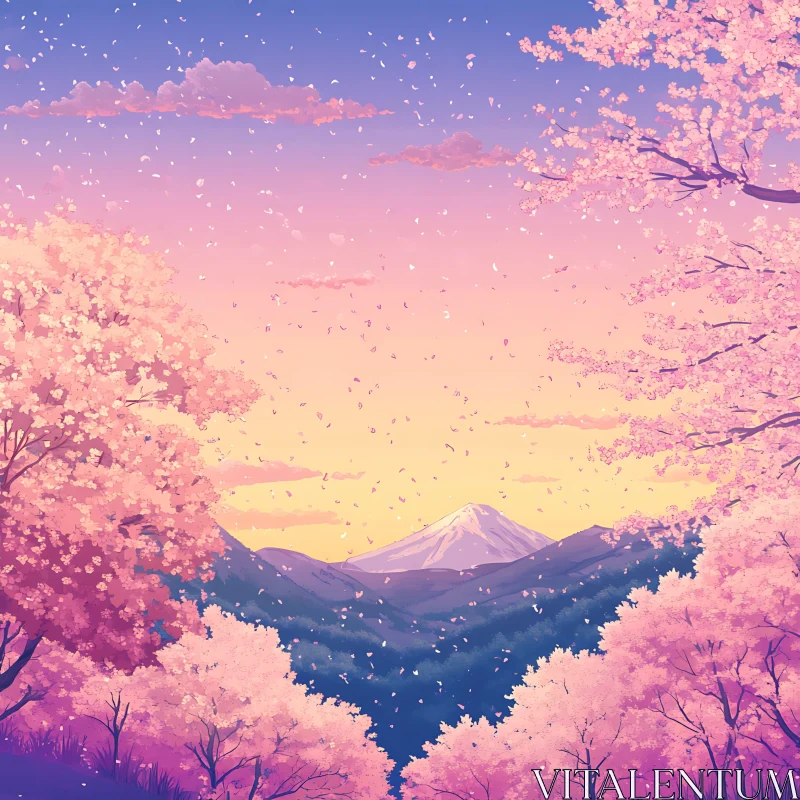 AI ART Cherry Blossom Trees at Sunset Over Mountains