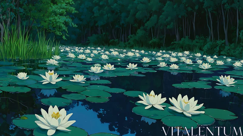 Tranquil Lake Scene with Floating Water Lilies AI Image