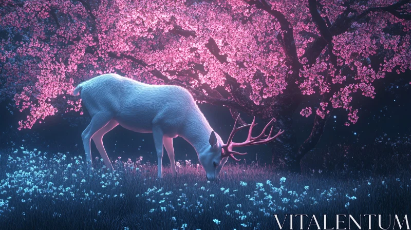 Enchanted Night: White Deer Among Blossoms AI Image