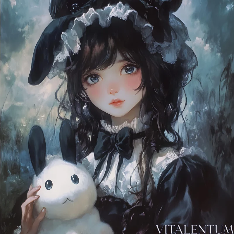 AI ART Gothic Anime Doll with Rabbit Toy