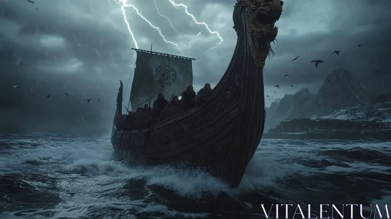 Epic Viking Sea Adventure in Stormy Weather AI Image