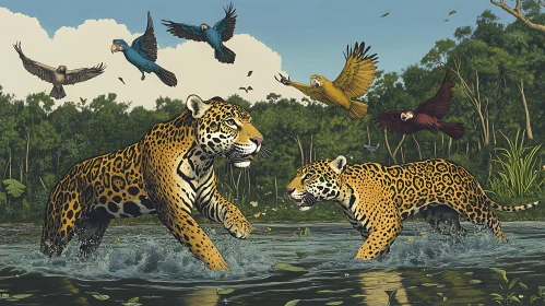 Jaguars and Birds in Jungle River