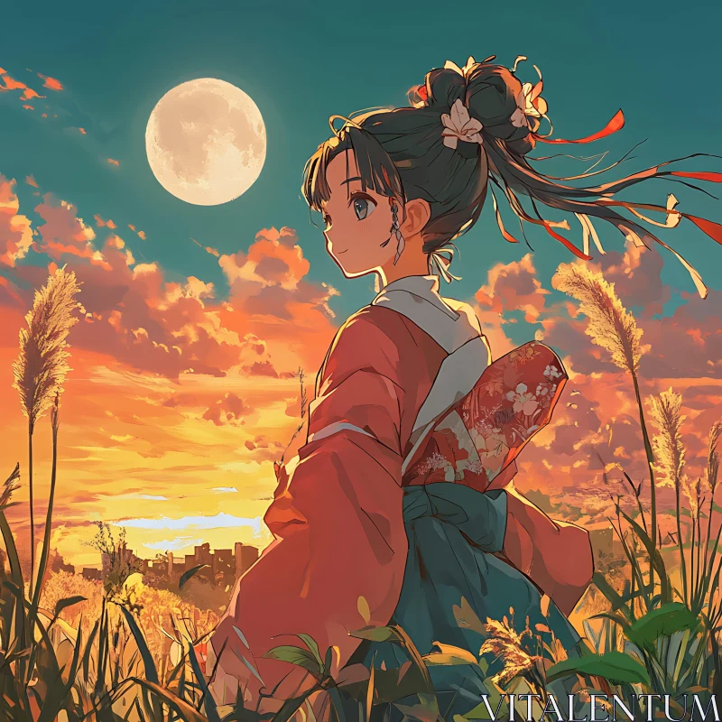 Tranquil Anime Scene with Kimono-Clad Girl AI Image