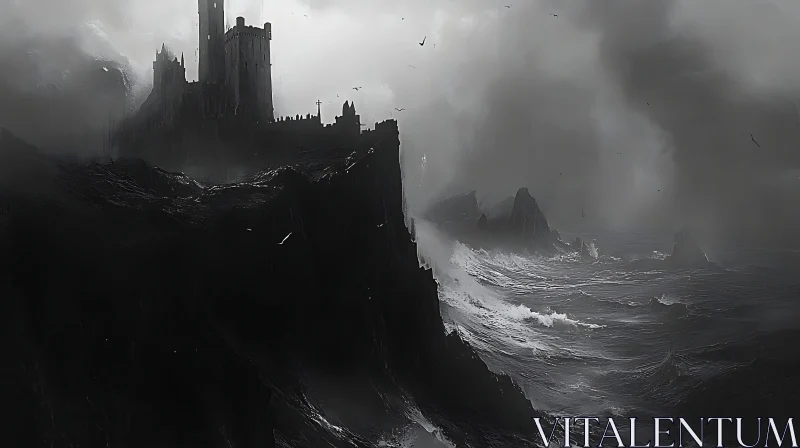 AI ART Monochromatic Seascape with Castle