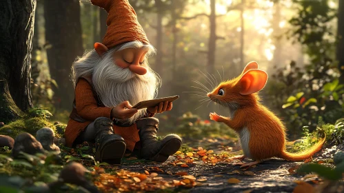 Whimsical Forest Encounter: Gnome and Mouse