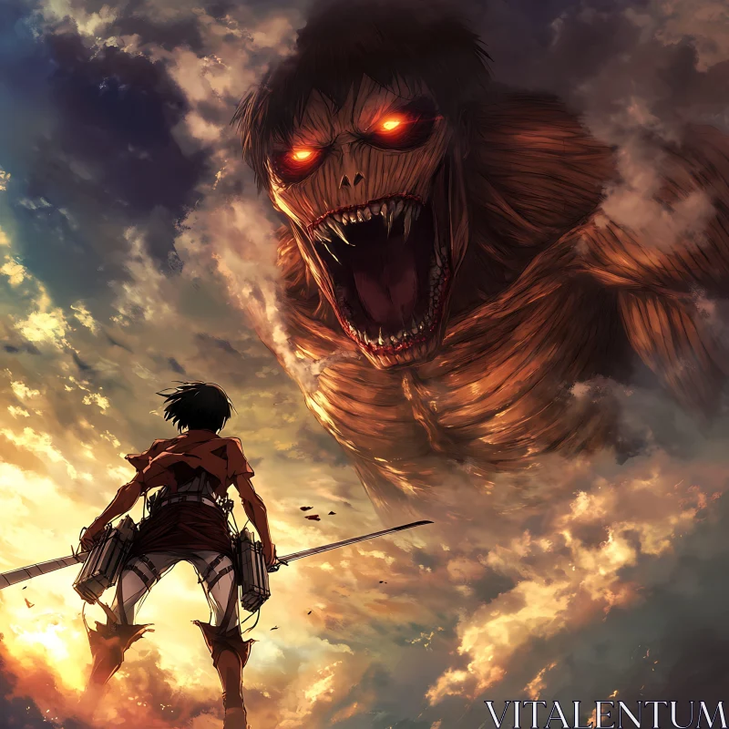 Warrior Versus Colossal Giant at Sunset AI Image